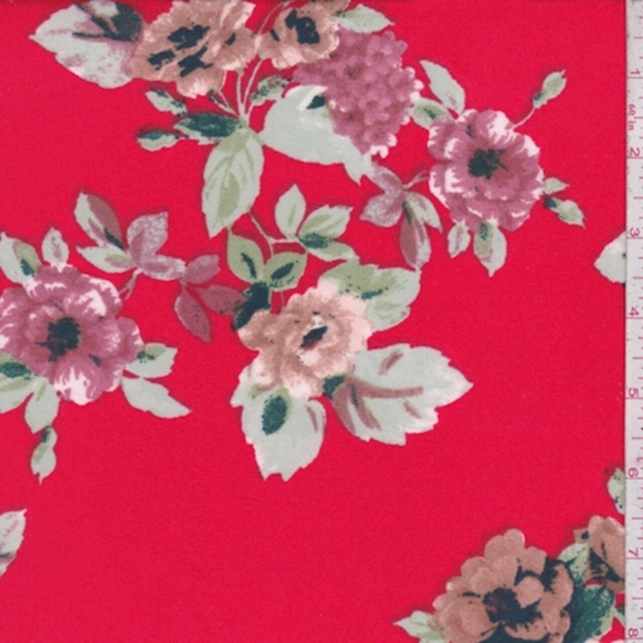 Red/Mauve Multi Floral Brushed Jersey Knit Fabric By the Yard